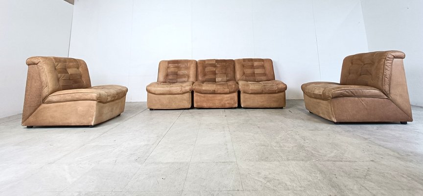 Modular Sofa in Brown Patchwork Leather, 1970s, Set of 5-IRH-1787451