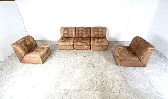 Modular Sofa in Brown Patchwork Leather, 1970s, Set of 5-IRH-1787451