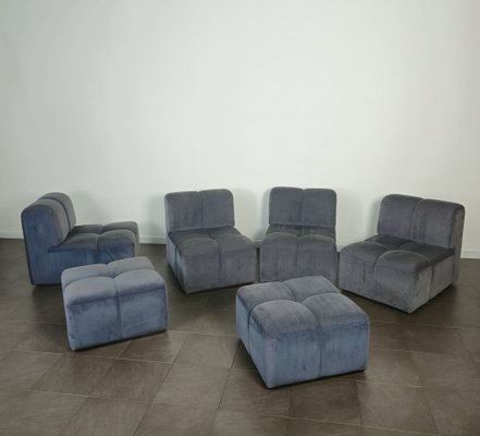 Modular Sofa with Poufs in Smooth Velvet, Italy, 1970s, Set of 6-ZST-1722562