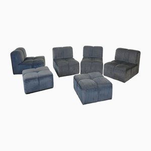 Modular Sofa with Poufs in Smooth Velvet, Italy, 1970s, Set of 6-ZST-1722562