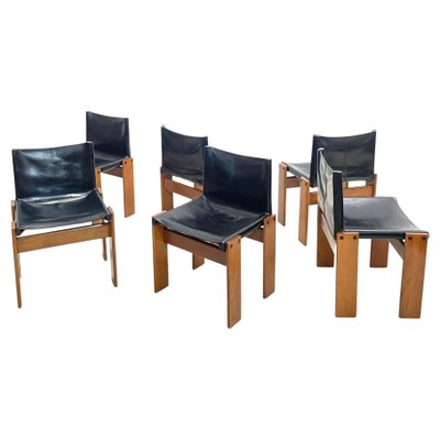 Monk Chairs in Black Leather by Afra and Tobia Scarpa for Molteni, Set of 6-FGA-1225956