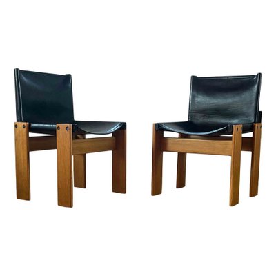 Monk Dining Chairs and Table in Black Leather and Beech by Tobia & Afra Scarpa for Molteni, 1973, Set of 7-RPH-979361