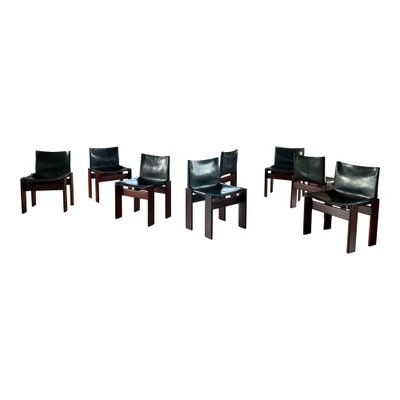 Monk Dining Chairs in Black Leather and Walnut by Afra and Tobia Scarpa for Molteni, 1973, Set of 8-RPH-988020