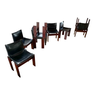 Monk Dining Chairs in Black Leather and Walnut by Afra and Tobia Scarpa for Molteni, 1973, Set of 8-RPH-988020