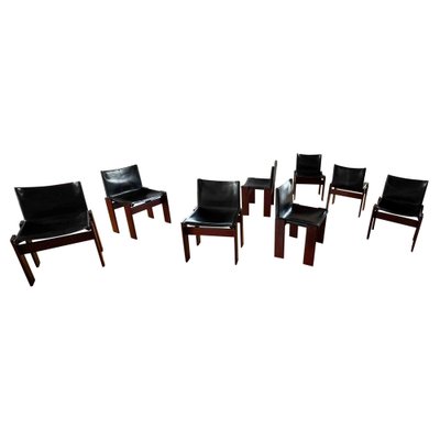 Monk Dining Chairs in Black Leather and Walnut by Afra and Tobia Scarpa for Molteni, 1973, Set of 8-RPH-988020