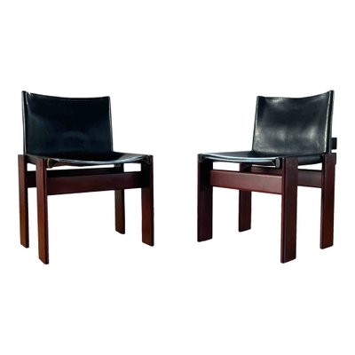 Monk Dining Chairs in Black Leather and Walnut by Afra and Tobia Scarpa for Molteni, 1973, Set of 8-RPH-988020