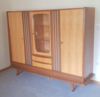 Multifunction Birch, Walnut, Brass and Vinyl Cabinet with 2 Drawers and Decorated Glass Panel, 1950s-HOI-942005