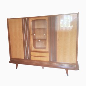 Multifunction Birch, Walnut, Brass and Vinyl Cabinet with 2 Drawers and Decorated Glass Panel, 1950s-HOI-942005