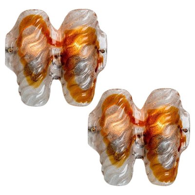 Murano Clear and Orange Glass Wall Lights, 1970s, Set of 2-VDW-1422391