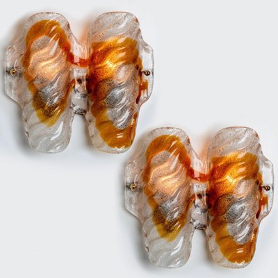 Murano Clear and Orange Glass Wall Lights, 1970s, Set of 2-VDW-1422391