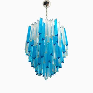 Murano Glass Triedri Chandelier with 92 Transparent and Blue Prisms, 1990s-FHZ-1818549