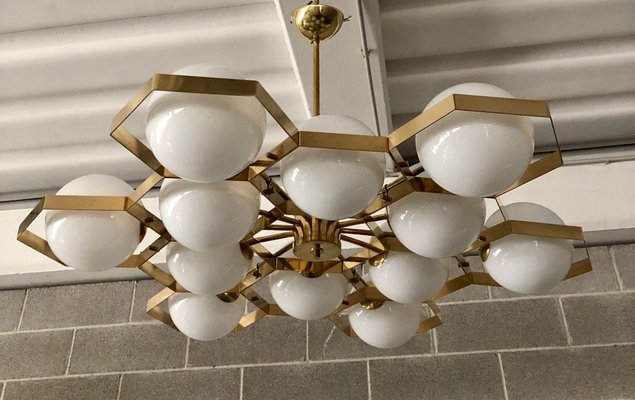 Murano Hexagonal White Glass and Brass Chandelier, 1980-UH-1050576