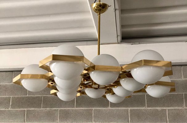 Murano Hexagonal White Glass and Brass Chandelier, 1980-UH-1050576