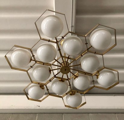 Murano Hexagonal White Glass and Brass Chandelier, 1980-UH-1050576