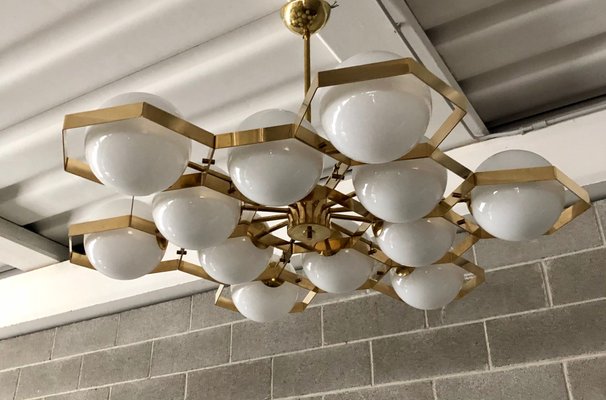 Murano Hexagonal White Glass and Brass Chandelier, 1980-UH-1050576