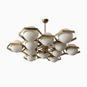 Murano Hexagonal White Glass and Brass Chandelier, 1980-UH-1050576