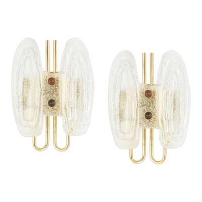 Murano Ice Glass and Brass Sconces attributed to Hillebrand Leuchten, Germany, 1970s, Set of 2-UGR-1410507