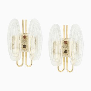 Murano Ice Glass and Brass Sconces attributed to Hillebrand Leuchten, Germany, 1970s, Set of 2-UGR-1410507