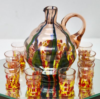 Murano Liqueur Shot Glasses and Decanter with Serving Tray, 1938, Set of 10-MJY-1448606