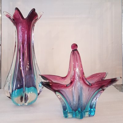 Murano Vase and Bowl with Handle, 1950s, Set of 2-QDP-665644