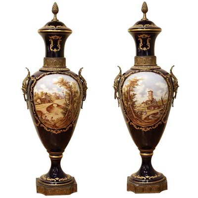 Napoleon III Blue Royal Lidded Vases Hand Painted Landscapes and Bronze Handles, Set of 2-AXE-1433384