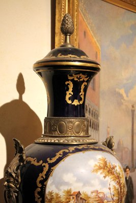 Napoleon III Blue Royal Lidded Vases Hand Painted Landscapes and Bronze Handles, Set of 2-AXE-1433384