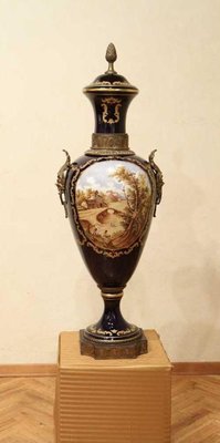 Napoleon III Blue Royal Lidded Vases Hand Painted Landscapes and Bronze Handles, Set of 2-AXE-1433384