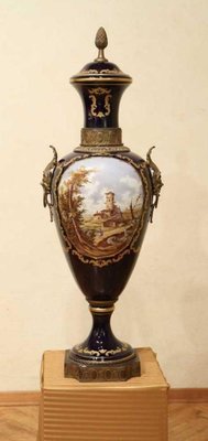 Napoleon III Blue Royal Lidded Vases Hand Painted Landscapes and Bronze Handles, Set of 2-AXE-1433384