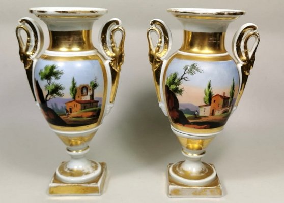 Napoleon III French Hand Painted Porcelain Vases from Porcelain de Paris, Set of 2-QRS-733562