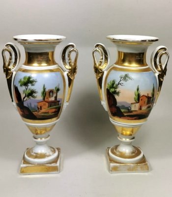 Napoleon III French Hand Painted Porcelain Vases from Porcelain de Paris, Set of 2-QRS-733562