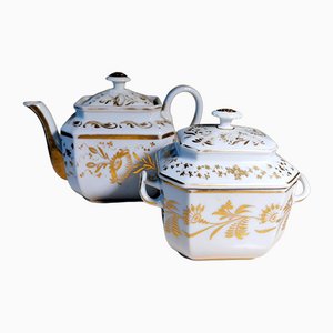 Napoleon III Porcelain De Paris Teapot and Sugar Bowl with Pure Gold Decorations, Set of 2-QRS-1104370