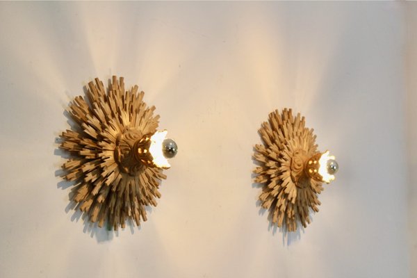 Natural Large Carved Sunburst Wooden Sconces, 1960s, Set of 2-MO-2028155