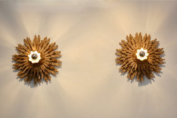 Natural Large Carved Sunburst Wooden Sconces, 1960s, Set of 2-MO-2028155