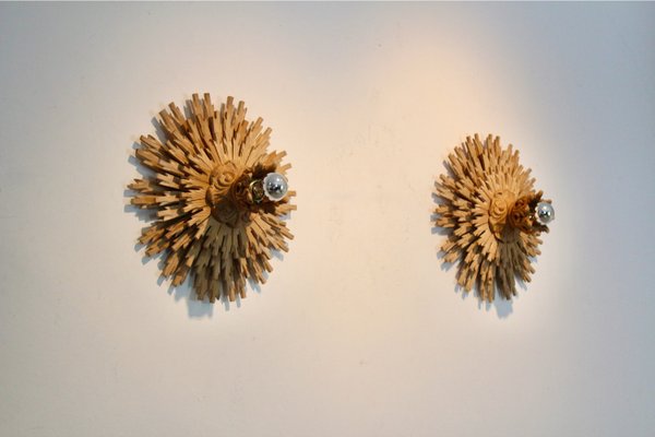 Natural Large Carved Sunburst Wooden Sconces, 1960s, Set of 2-MO-2028155