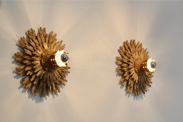 Natural Large Carved Sunburst Wooden Sconces, 1960s, Set of 2-MO-2028155