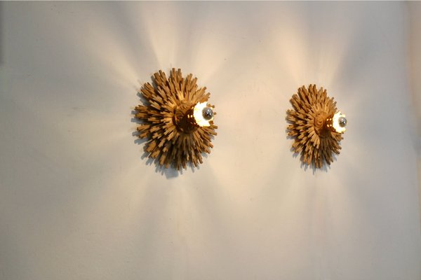 Natural Large Carved Sunburst Wooden Sconces, 1960s, Set of 2-MO-2028155