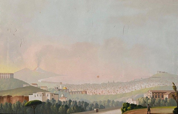 Neapolitan Artist, Villa Galla Naples, Eruption of Vesuvius, Early 19th Century, Gouache, Framed-QKG-1758613