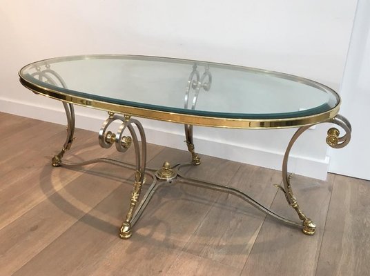 Neo-Classical Oval Brushed Steel and Brass Coffee Table, 1970s-BA-658569