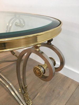 Neo-Classical Oval Brushed Steel and Brass Coffee Table, 1970s-BA-658569