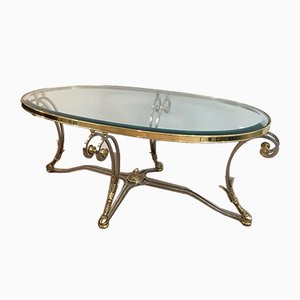 Neo-Classical Oval Brushed Steel and Brass Coffee Table, 1970s-BA-658569