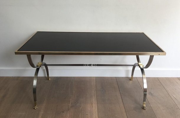 Neo-Classical Style Brushed Steel and Brass Coffee Table, 1940s-BA-658379