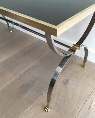 Neo-Classical Style Brushed Steel and Brass Coffee Table, 1940s-BA-658379