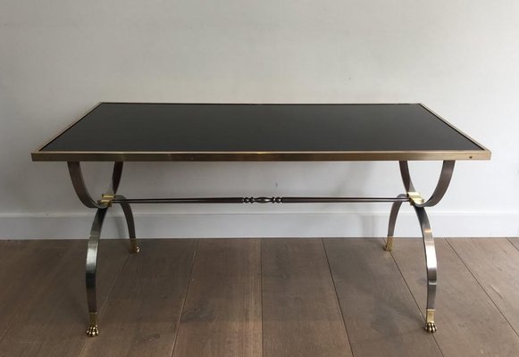 Neo-Classical Style Brushed Steel and Brass Coffee Table, 1940s-BA-658379