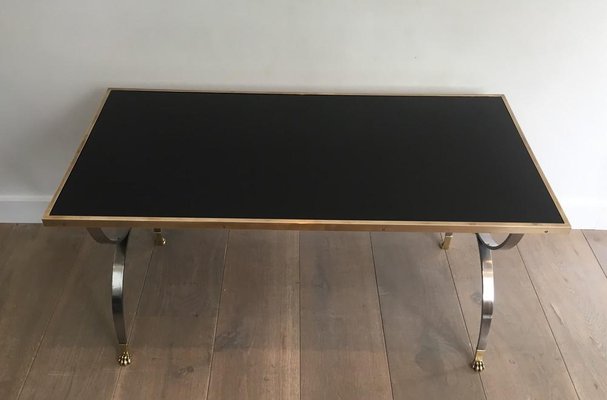 Neo-Classical Style Brushed Steel and Brass Coffee Table, 1940s-BA-658379