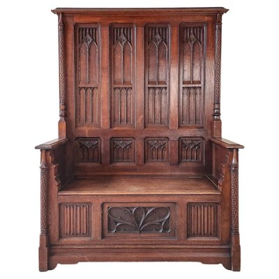 Neo-Gothic French Hand-Carved Oak Hall Bench, 1870s-TDA-1376286