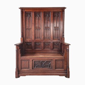 Neo-Gothic French Hand-Carved Oak Hall Bench, 1870s-TDA-1376286