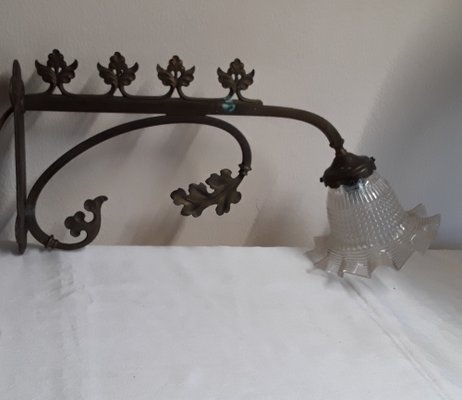 Neo-Gothic German Wall Lamp with Brass Frame & Original Glass Shade, 1890s-HOI-1716482