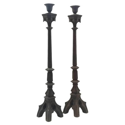 Neo-Gothic Iron Altar Candlesticks, 1900, Set of 2-YUW-1783737