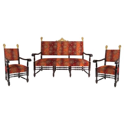 Neo-Renaissance Revival Carved Walnut Armchairs and Canape, 1900s, Set of 3-ABO-1440491