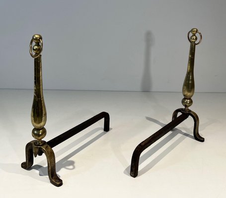 Neoclassical Chenets in Brass and Wrought Iron, 1970s, Set of 2-BA-1784748